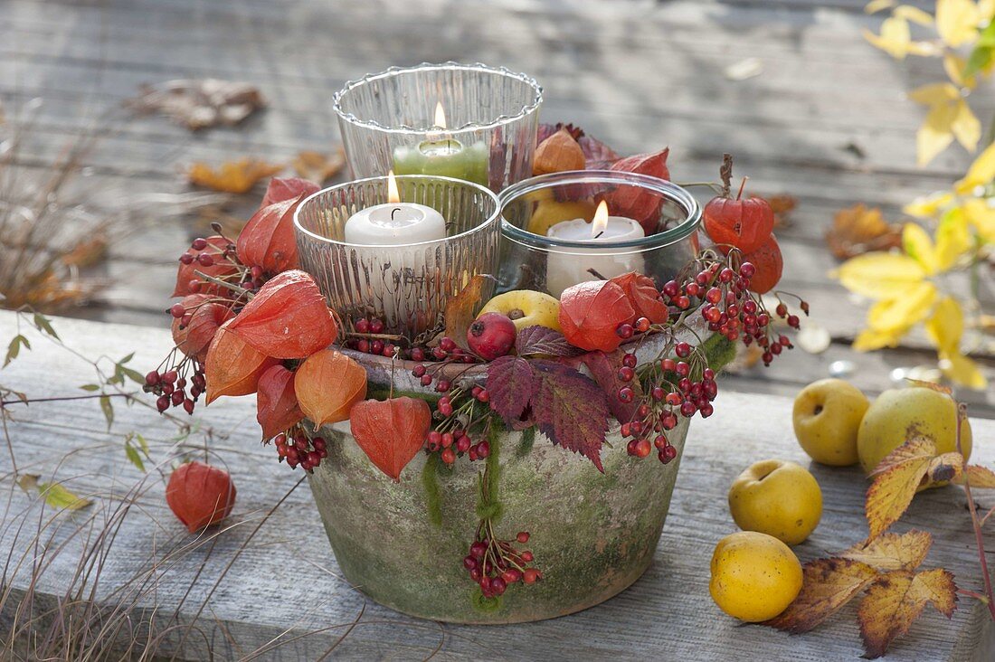 Gläser als Windlichter in Topf, geschmückt mit Physalis (Lampions)