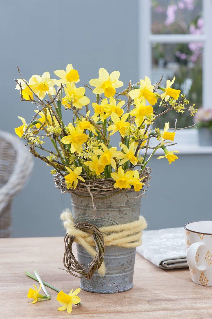 Bouquet of Narcissus 'Tete A Tete' and Cornus branches