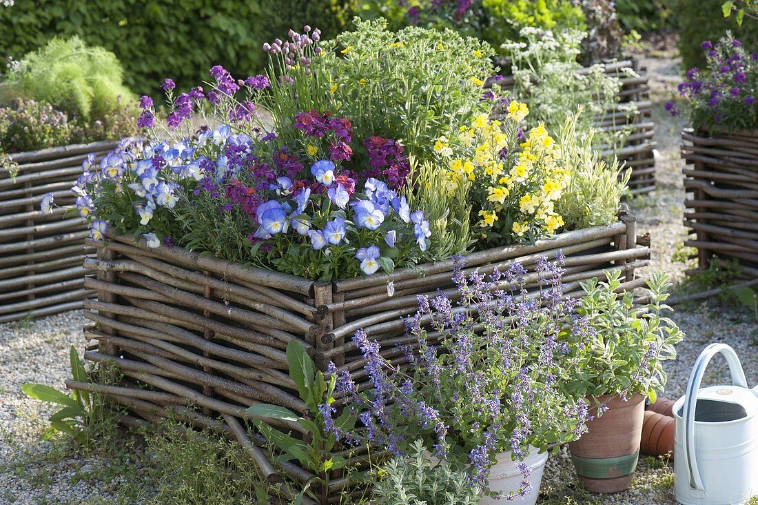 Gravel terrassse with raised beds made of hazelnut rods