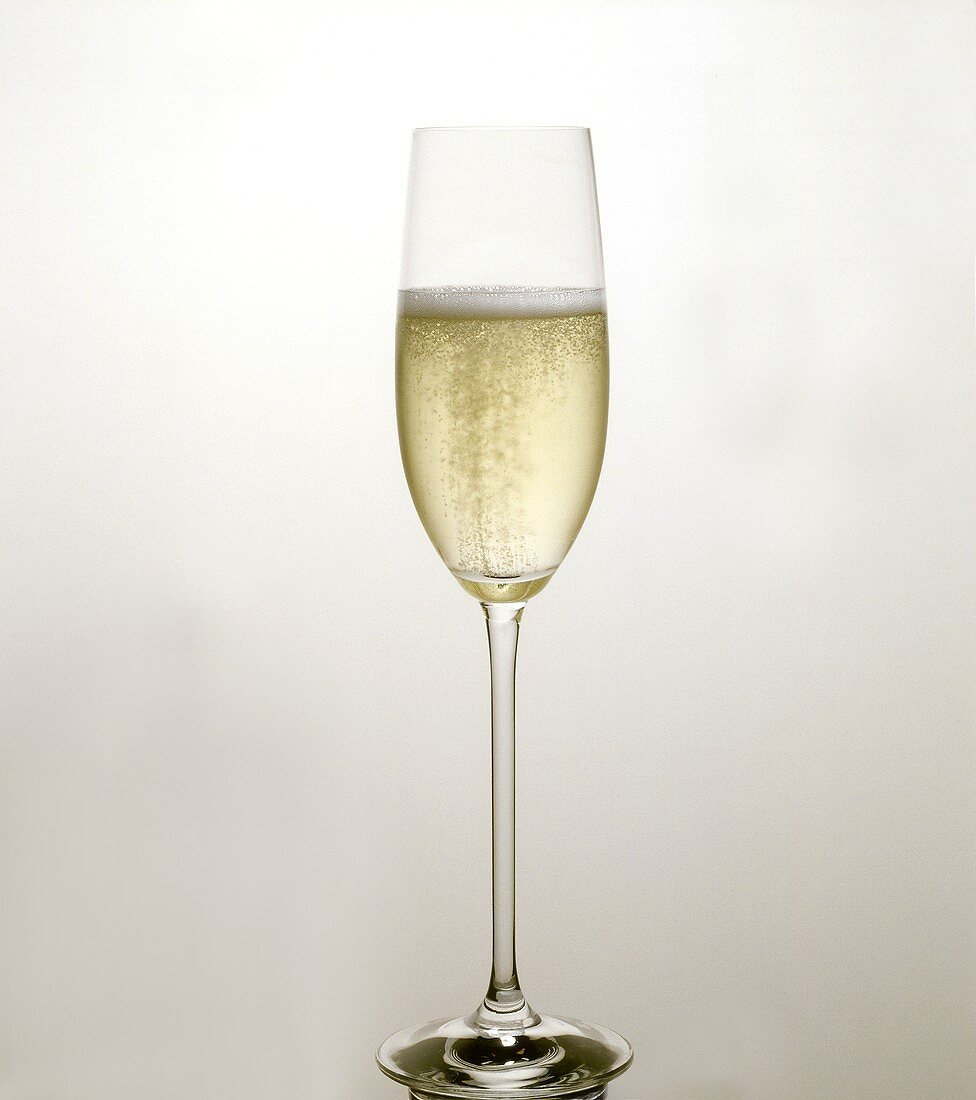 A glass of sparkling champagne (white background)