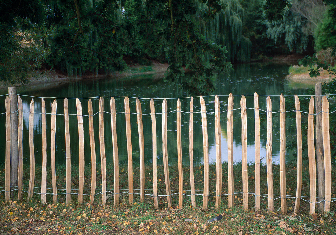 Schlichter Staketenzaun als Absperrung zum Teich hin