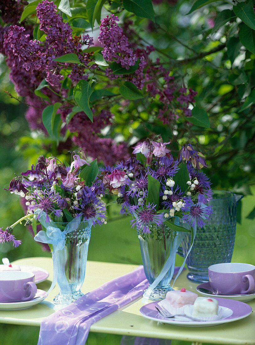 Kaffeetisch unterm Syringa (Fliederbusch,Centaurea (Flockenblume,)