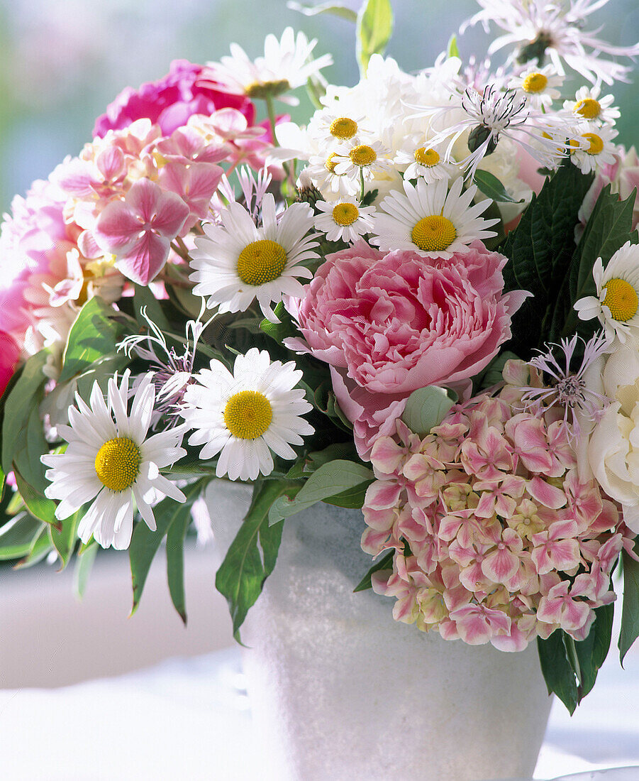 Bouquet of daisies, peonies, hydrangea and knapweeds