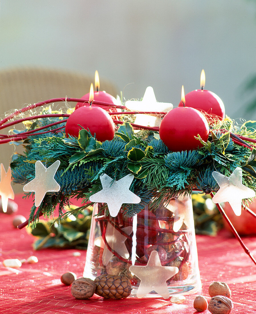 Advent wreath made of Nordmann fir, Ilex branches, false cypresses