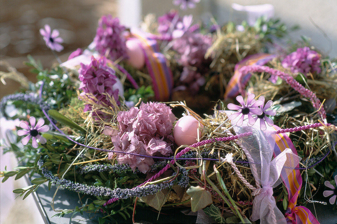 Easter wreath with hyacinths, hydrangea flowers, box, hedera