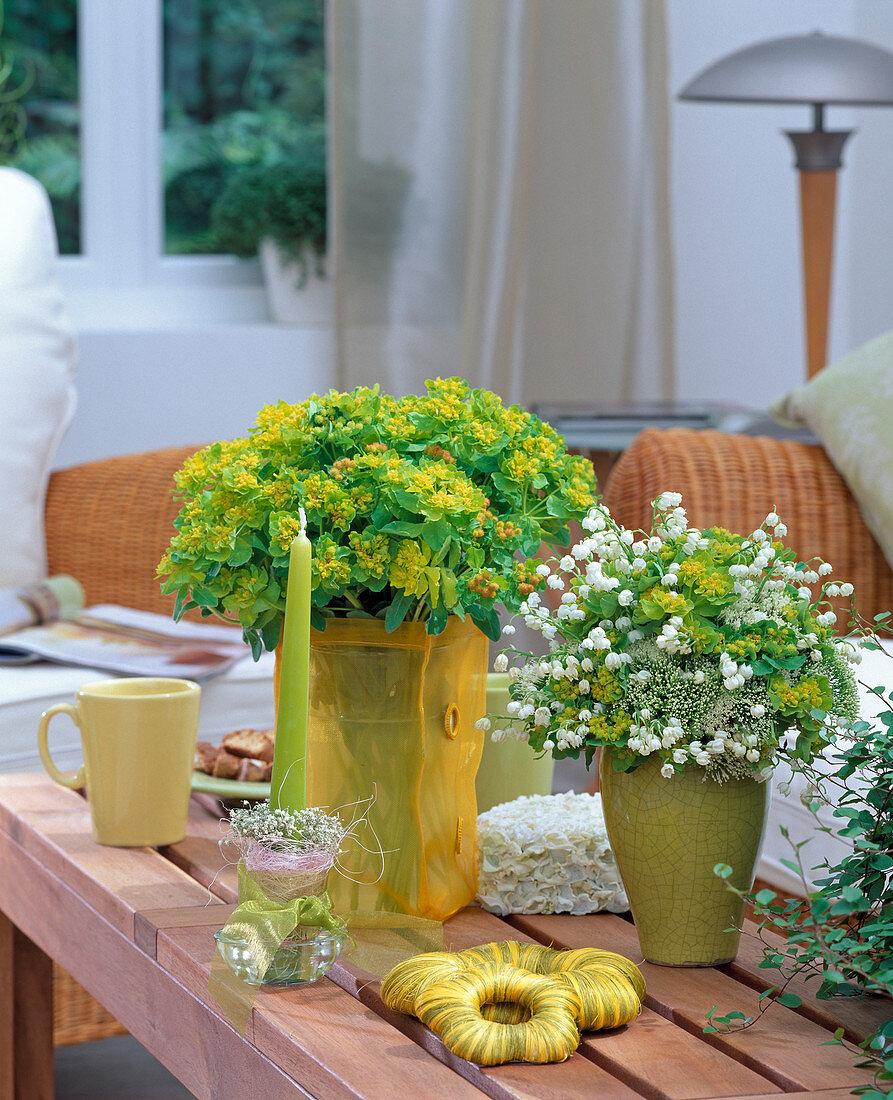 Bouquet with Euphorbia (spurge), Convallaria (lily of the valley)