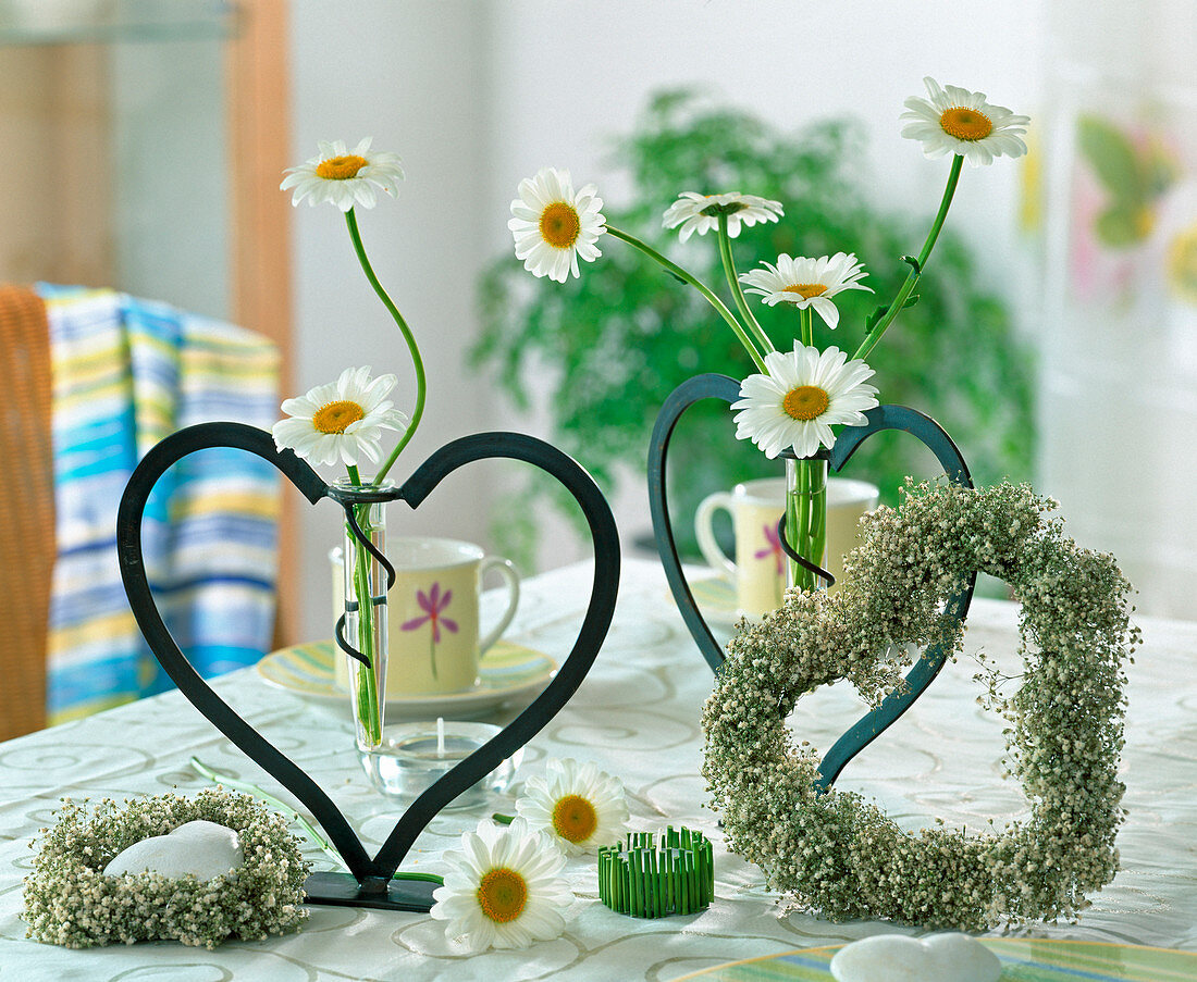 Marguerite blossoms in heart vases and hearts of baby's breath