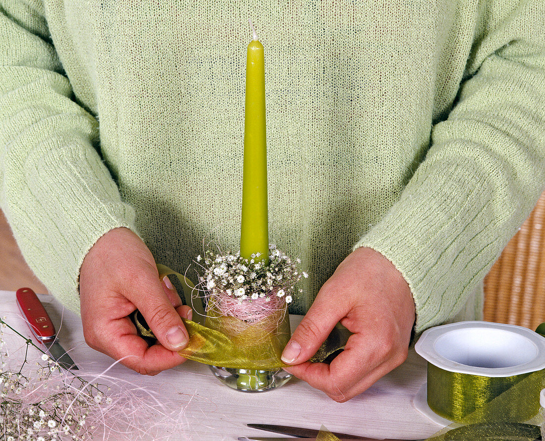 Candles decorated with cuff of Gypsophila (baby's breath)