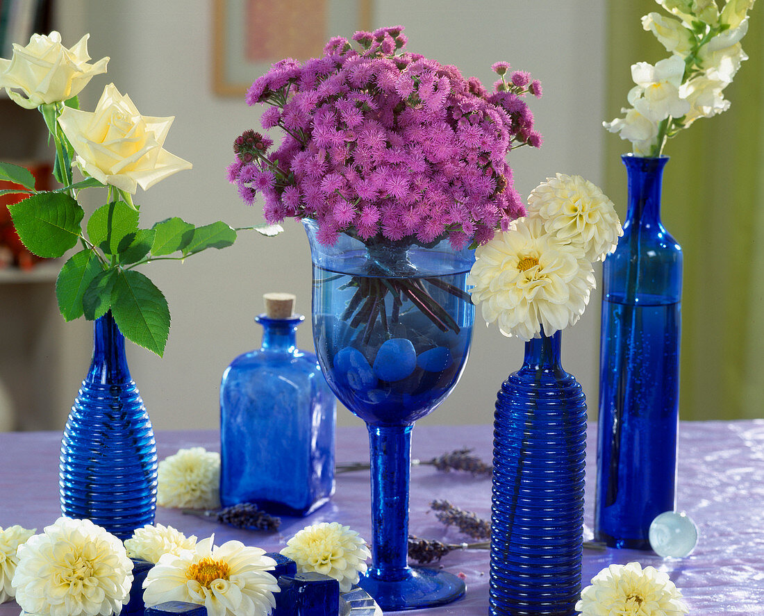 Rose blossoms, Ageratum (liver balm), Dahlia hybrids