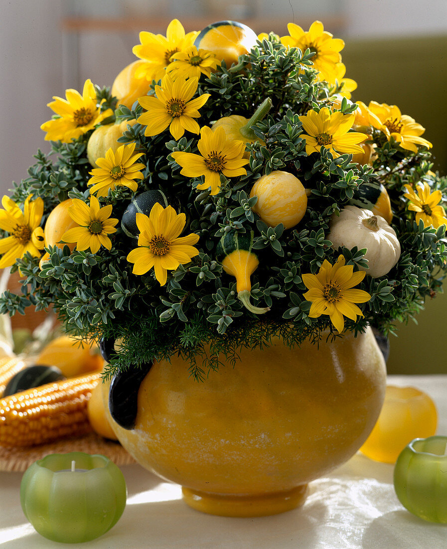 Bouquet with Hebe (shrub veronica), ornamental pumpkins, Helianthus (sunflower)