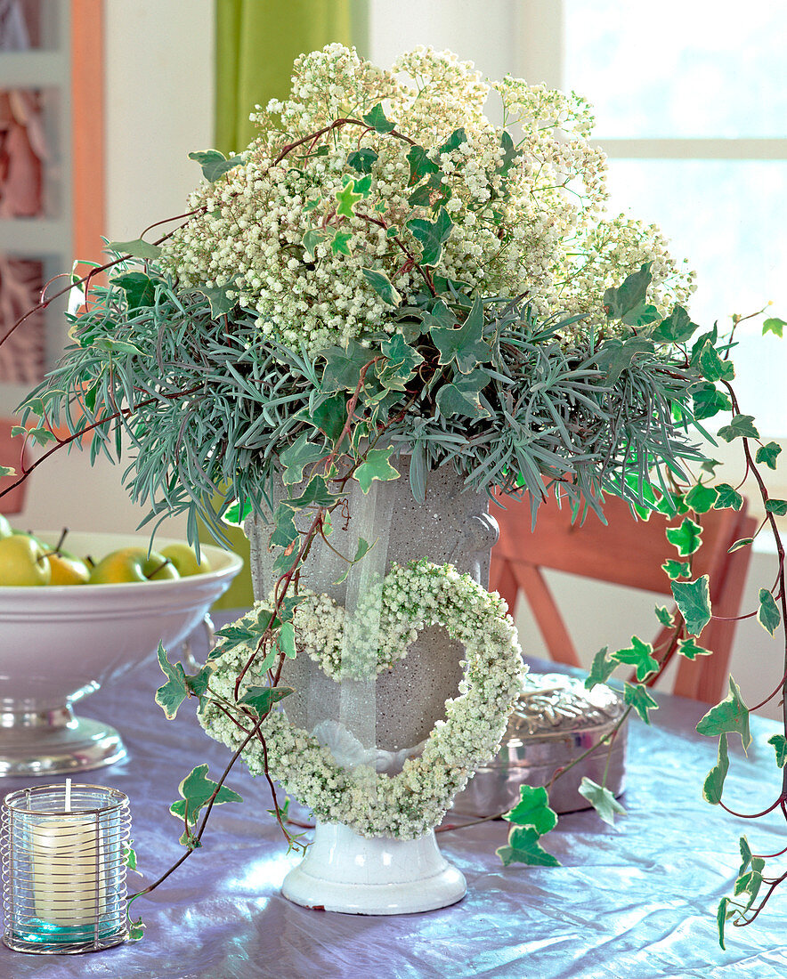 Bouquet with Gypsophila (baby's breath), Hedera (ivy vines)