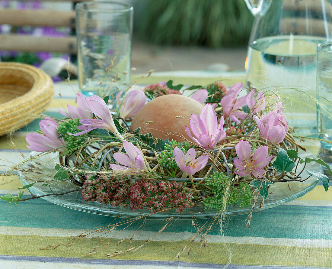 Autumn wreath: wire blank and willow rods decorated with Sedum (stonecrop)