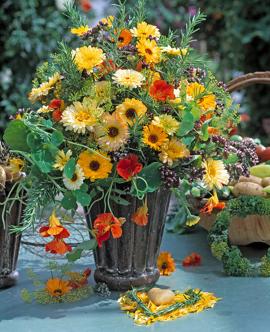 Herbal bouquet with calendula (Marigold), Tropaeolum