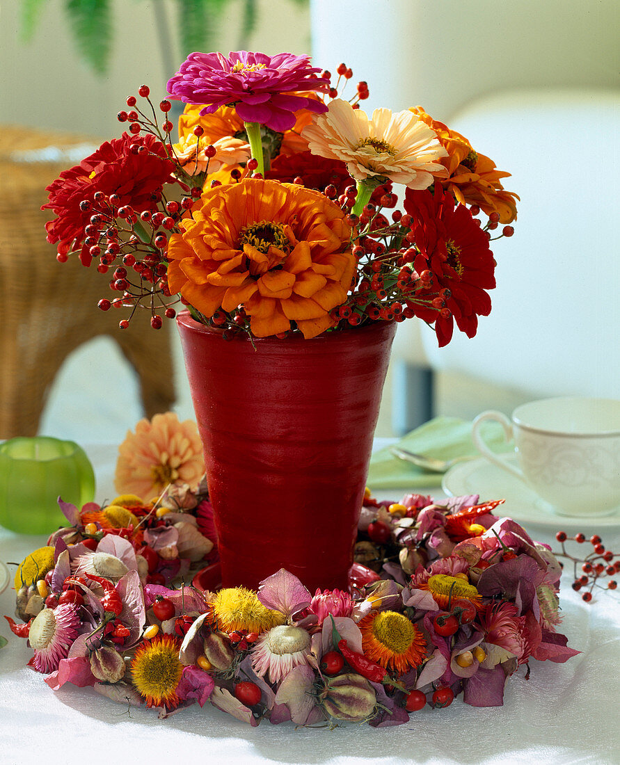 Wreath of Helichrysum (strawflower), Hydrangea (hydrangea), Zinnia elegans (zinnia)