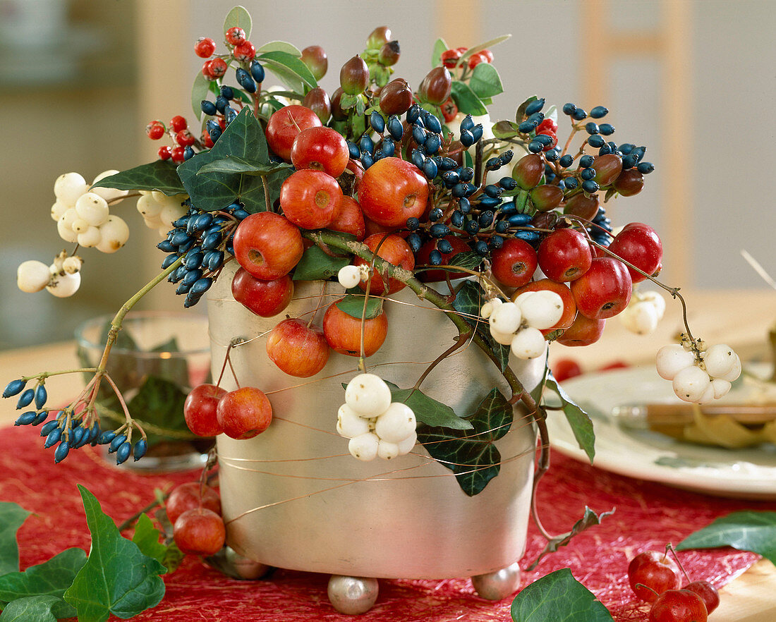 Vase with Malus (ornamental apple), Symphoricarpos (snowberry)