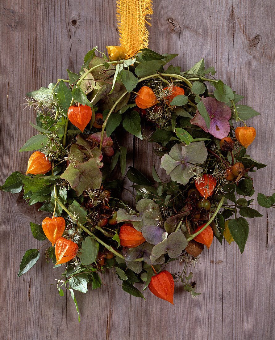 Türkranz aus Hydrangea / Hortensie, Clematisranken, Physalis / Lampionblume