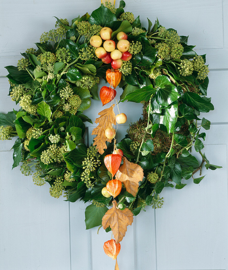 Türkranz aus Hedera helix (Efeuranken mit Blüten, Malus)