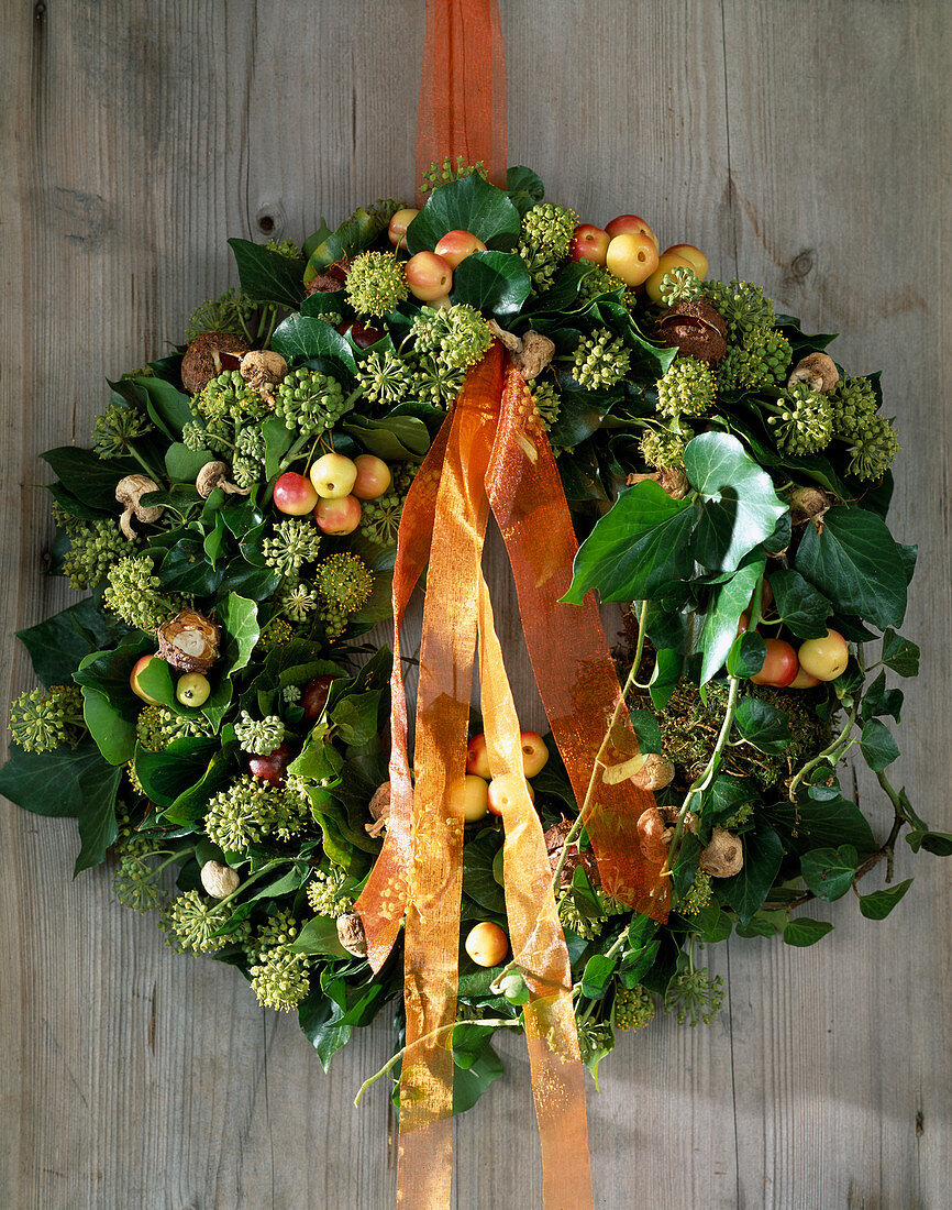 Door wreath with Hedera helix (ivy), chestnuts, Malus (ornamental apples).