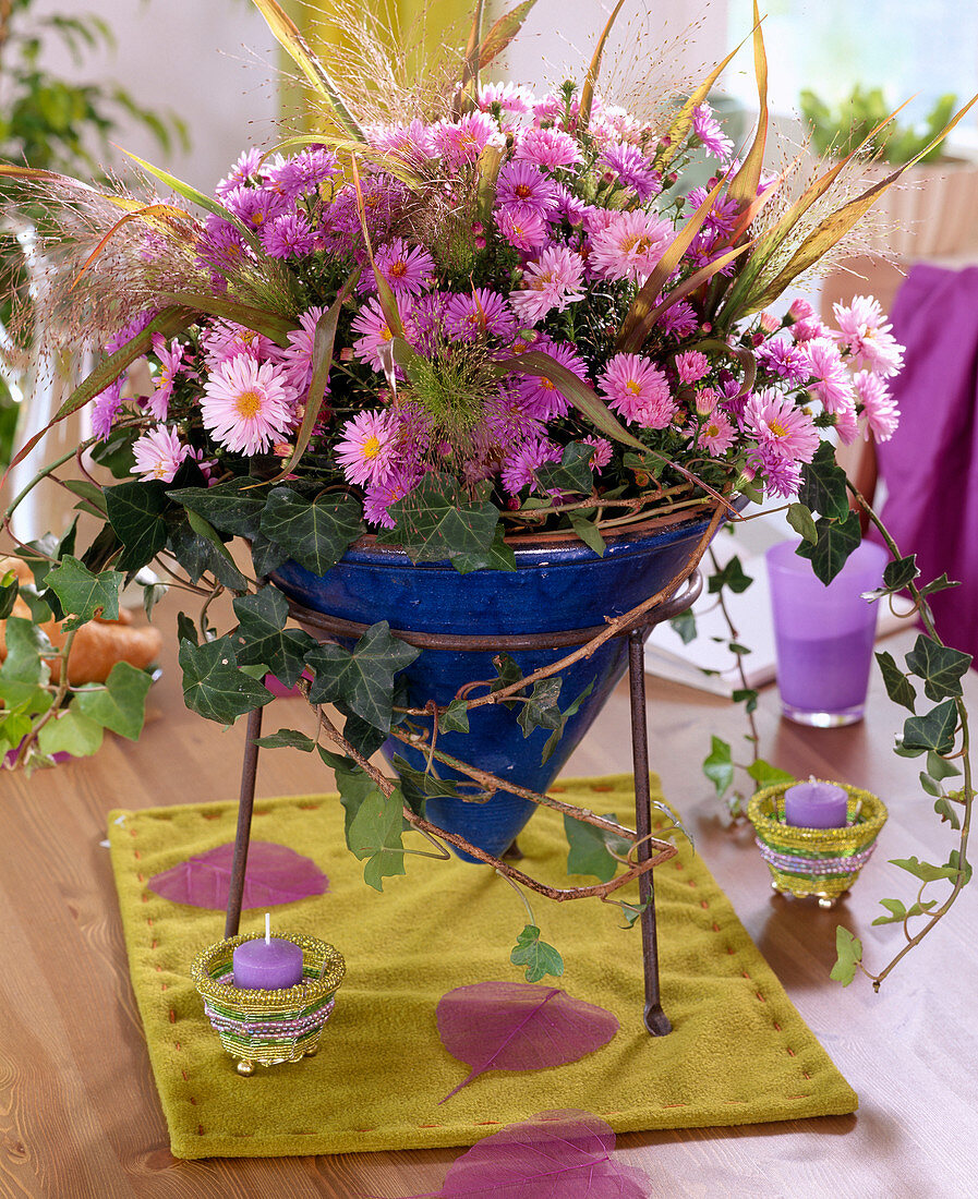 Autumn asters, grasses, Hedera (ivy)