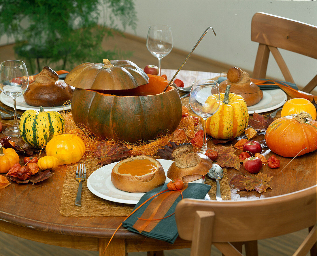 Pumpkin soup in a hollowed out pumpkin