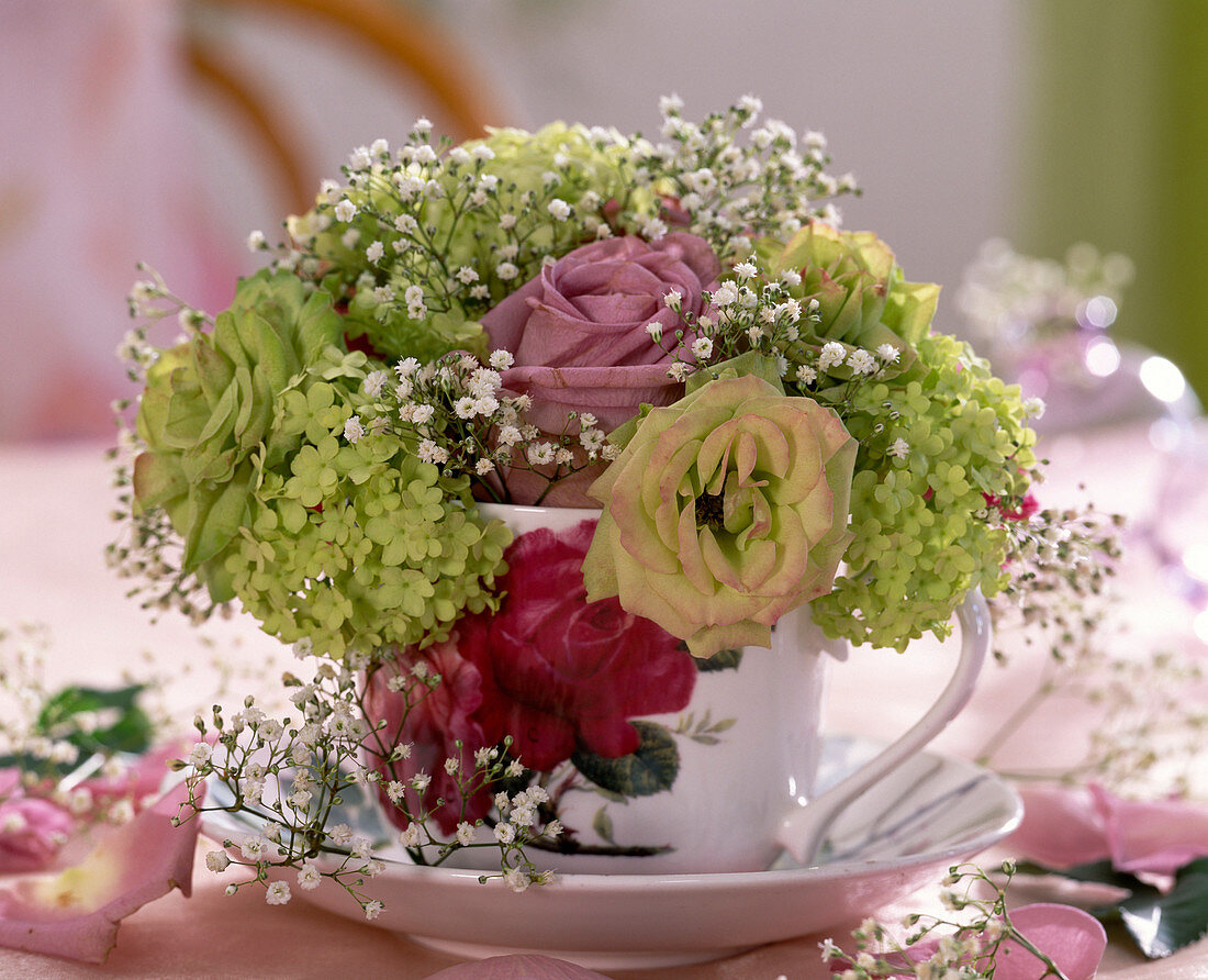 Rosenblüten, Viburnum (Duftschneeball, Gypsophila (Schleierkraut)