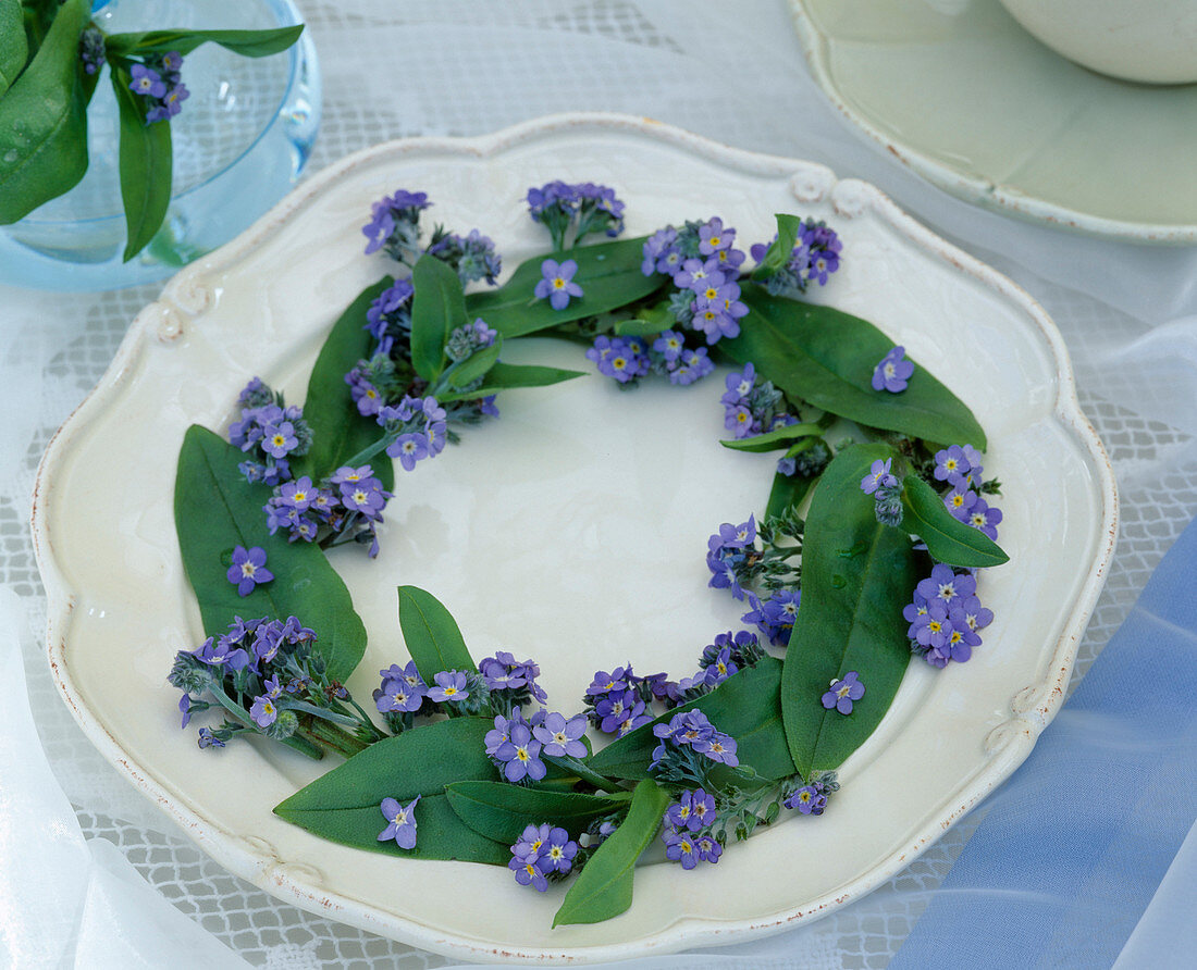 Plate wreath of flowers and leaves of forget-me-not