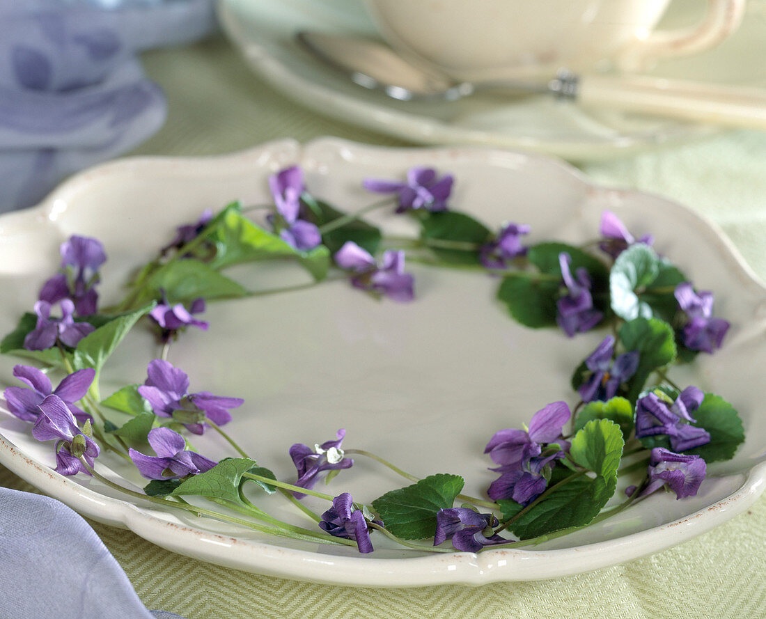Plate with flowers of fragrant violets