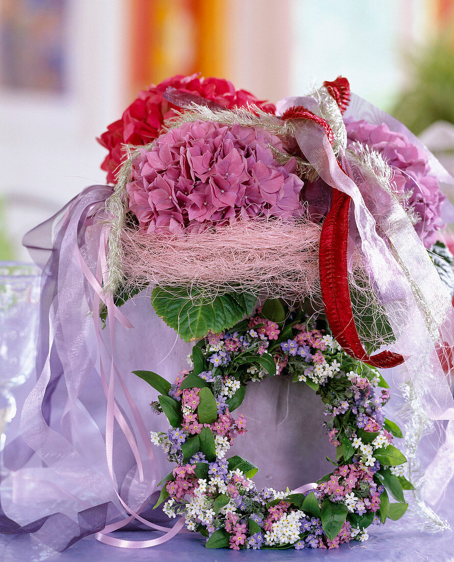 Hydrangea (Hortensie) in Glas und Filztopf, Kranz aus Myosotis (Vergißmeinnicht)