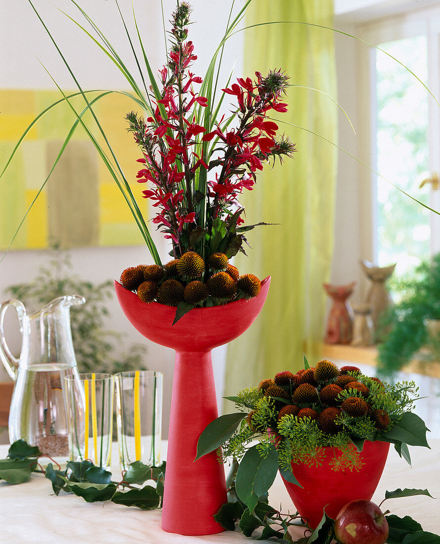 Lobelia cardinalis, Rudbeckia (Sonnenhutfrüchtstände), Dill