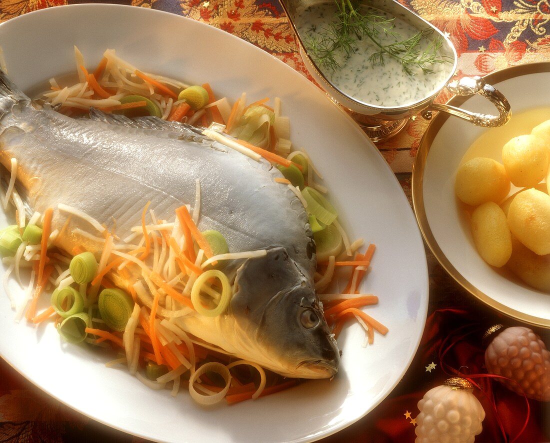 Blue Carp with Vegetables; Dill Sauce