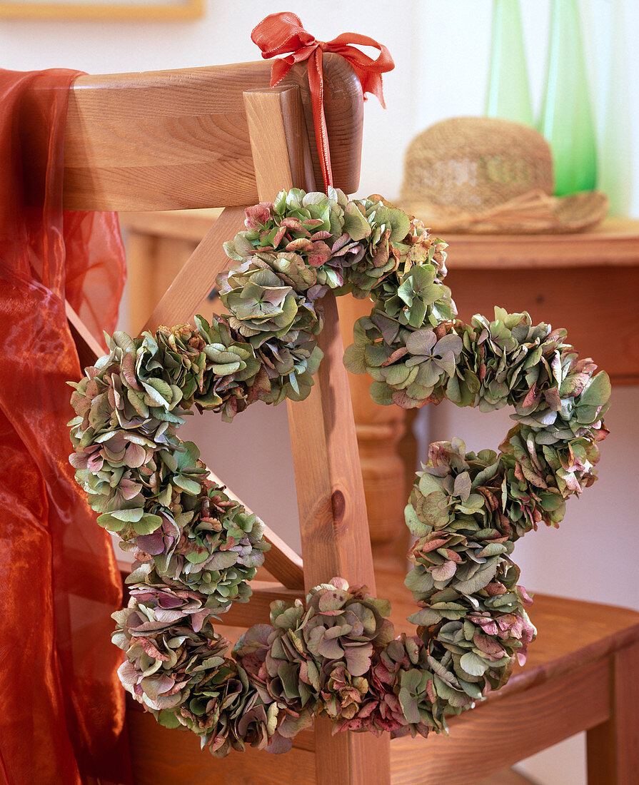 Last hydrangea blossoms tied as a flower-shaped wreath