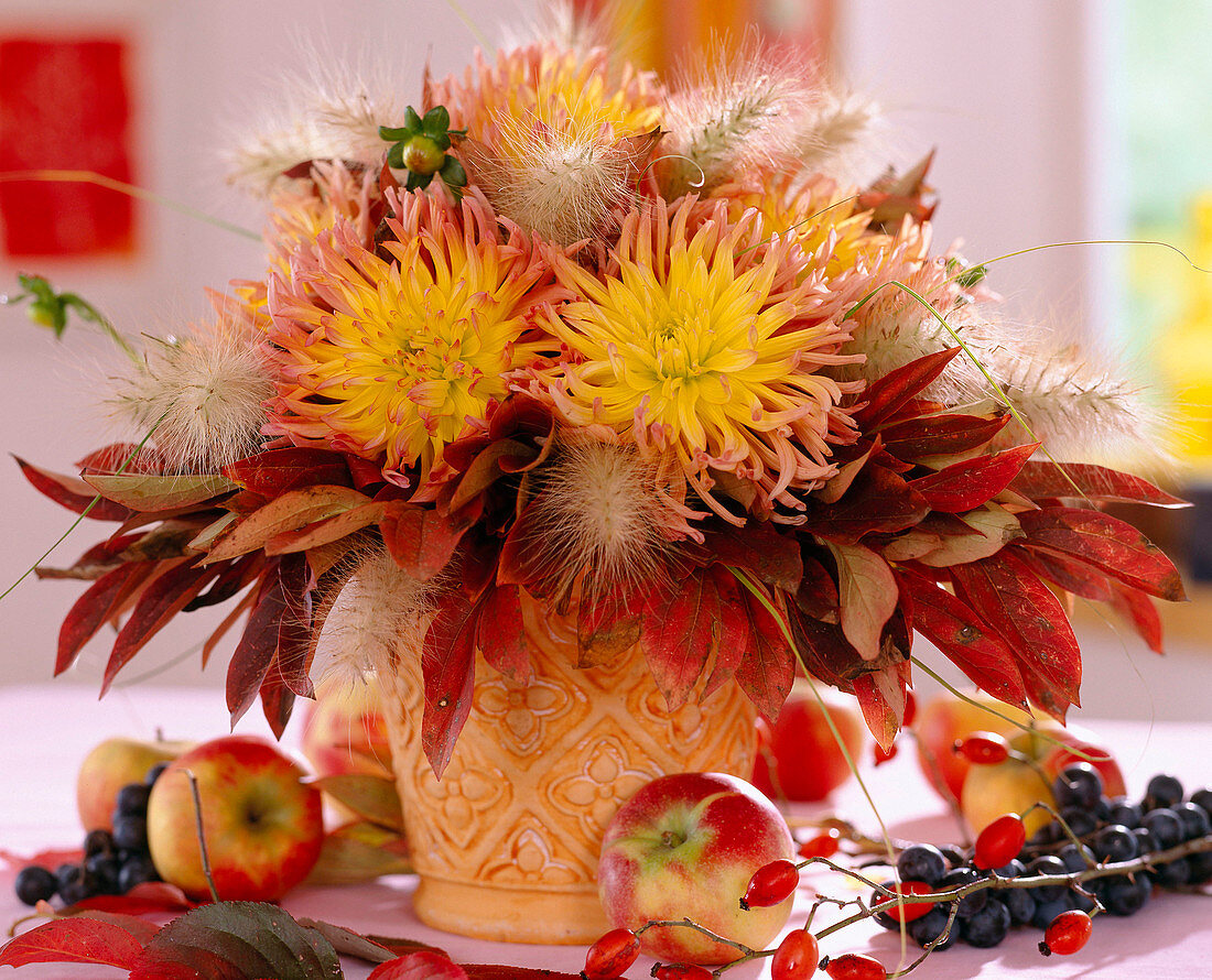 Dahlia (Kaktusdahlie), Pennisteum (Federborstengras) mit Herbstblättern dekoriert