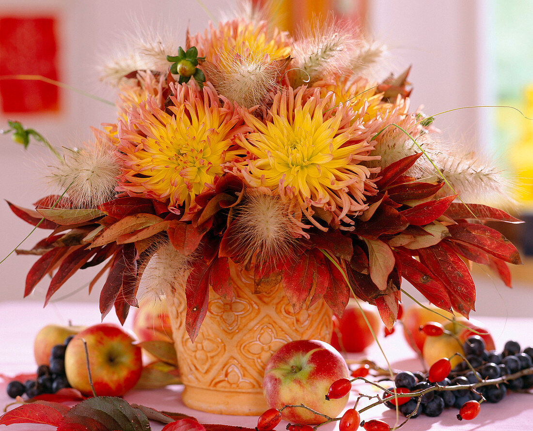 Dahlia (cactus dahlia), Pennisteum (feather bristle grass) decorated with autumn leaves