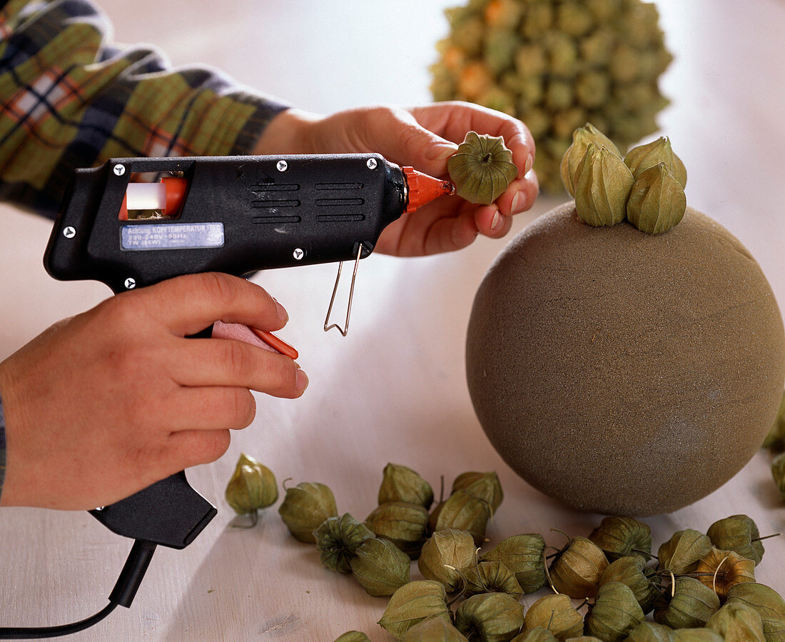 Balls made of dry floral foam glued on with Physalis Andean berry