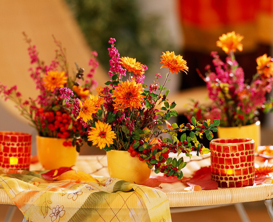 Autumn bouquets with chrysanthemums, Erika and berry jewelery