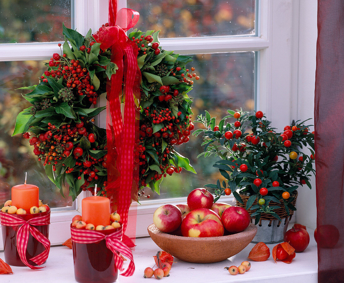 Wreath made of hedera (ivy), roses (rosehip), solanum pseudocapsicum (false capsicum)