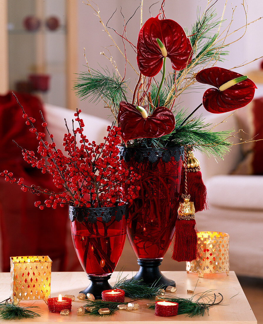 Bouquet of Anthurium flamingo flower, silk pine and hollyh twigs