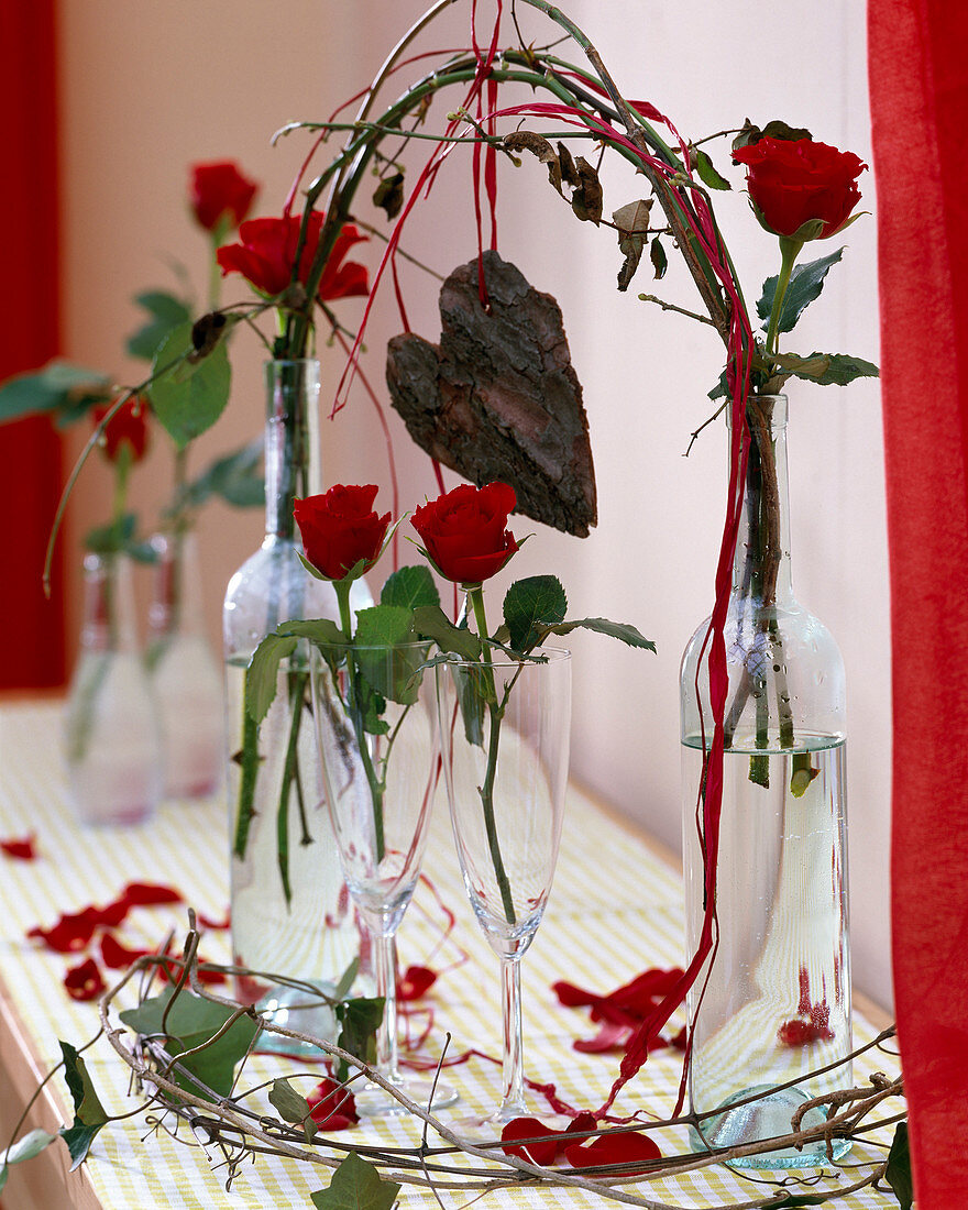 Pink (single red roses), Hedera (ivy) and Clematis