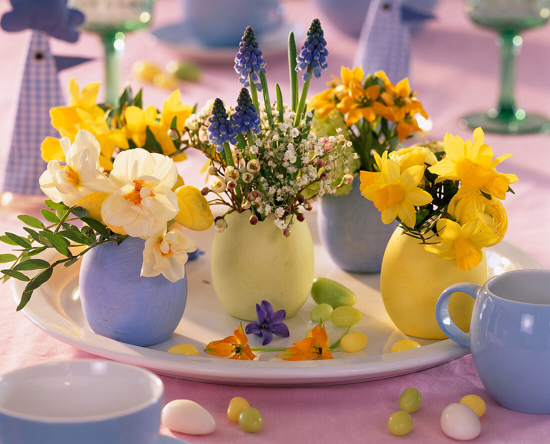 Small Vases with Narcissus 'Bridal Crown' and 'Jetfire'