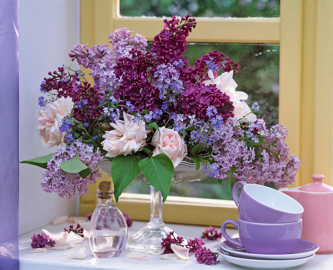 Syringa (Flieder), Myosotis (Vergißmeinnicht), Rosa (Rosen)