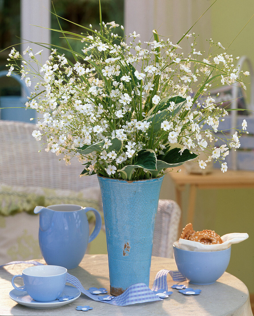 Gypsophila (baby's breath), Spartina (golden bar grass), Hosta