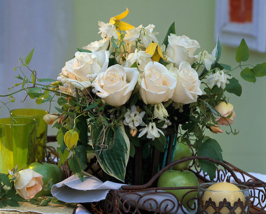 Rosa 'Vendela', ' Spring gold' (roses), Aquilegia (white columbine)