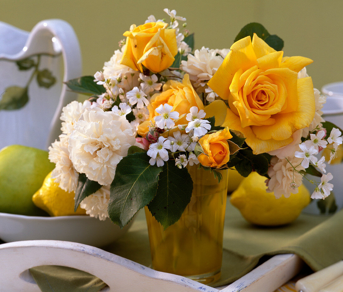 Pink (roses yellow and white), Gypsophila (baby's breath)