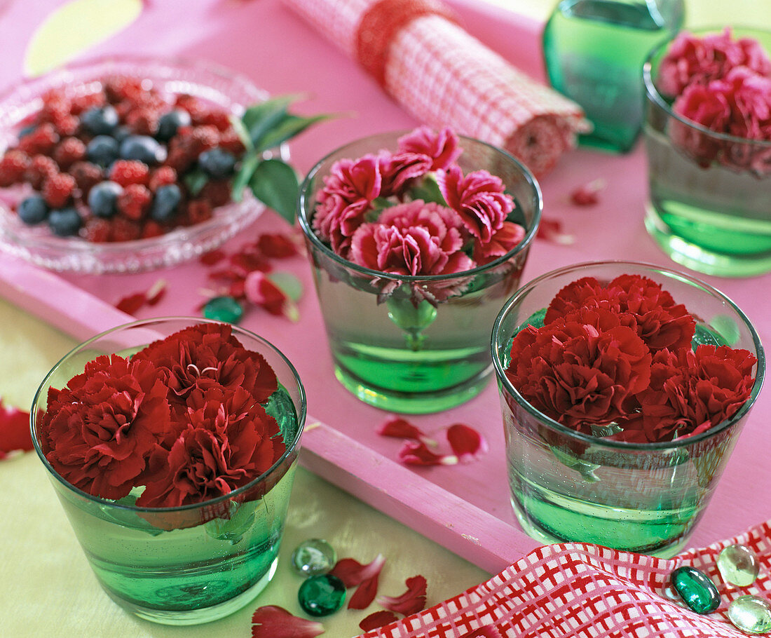 Dianthus (carnation flowers in green glasses)