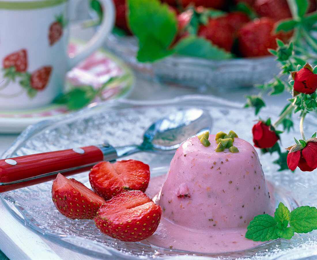 Fragaria / Erdbeeren und Erdbeerpudding mit Pistazien und