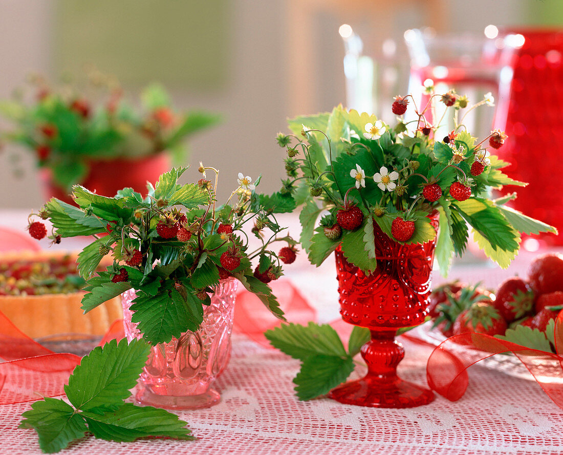 Fragaria (wild strawberry bouquet in small glasses, strawberries)