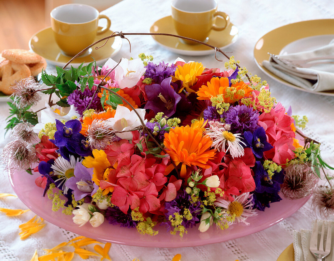 Hydrangea, Calendula (Marigold), Alchemilla