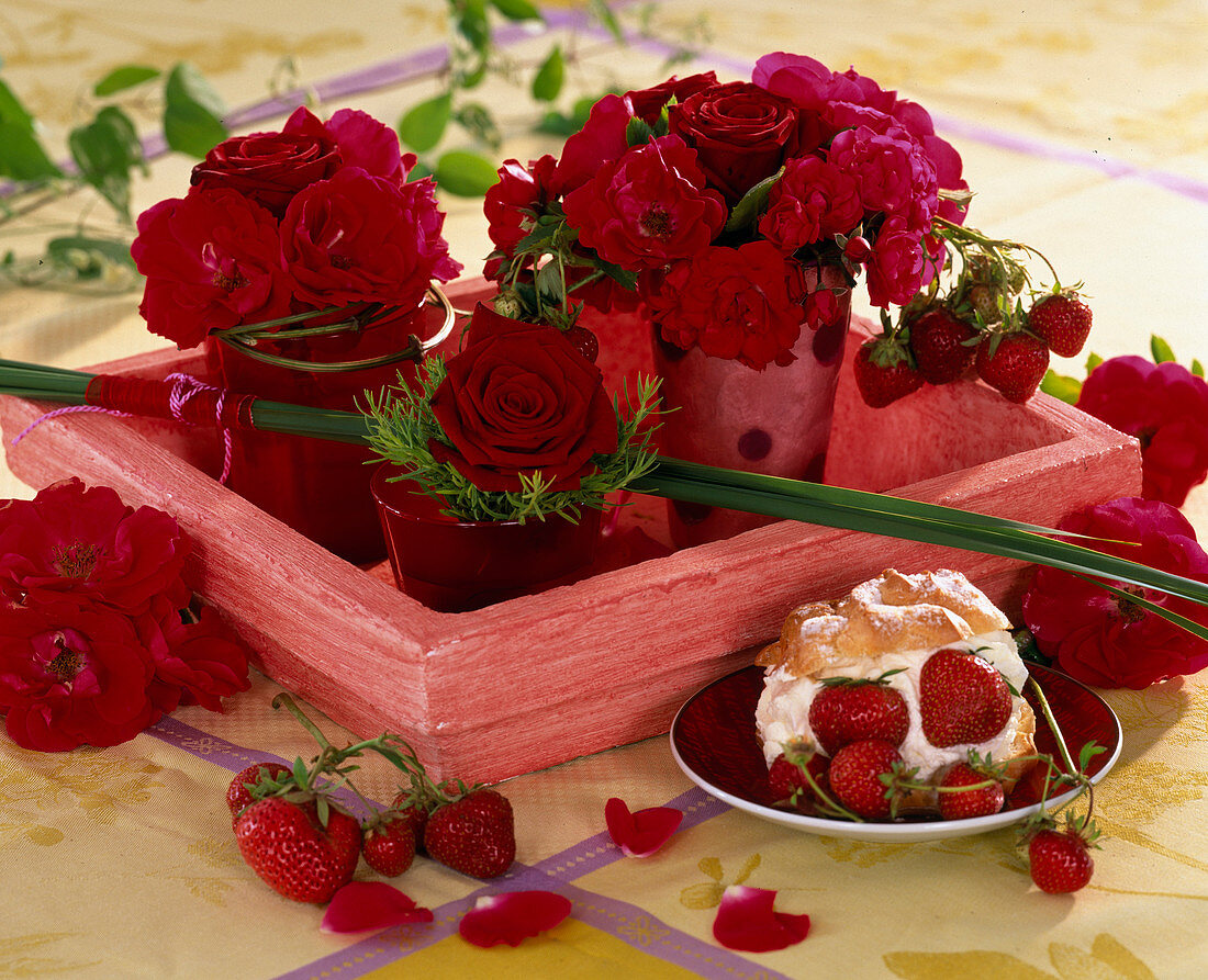 Pink (noble roses, bedding roses, dwarf roses), Fragaria (strawberries)