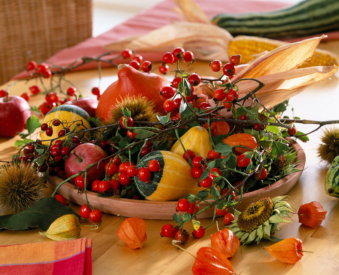 Tonteller mit Cucurbita (Zierkürbissen), Rosa (Hagebutten), Castanea (Maronen)