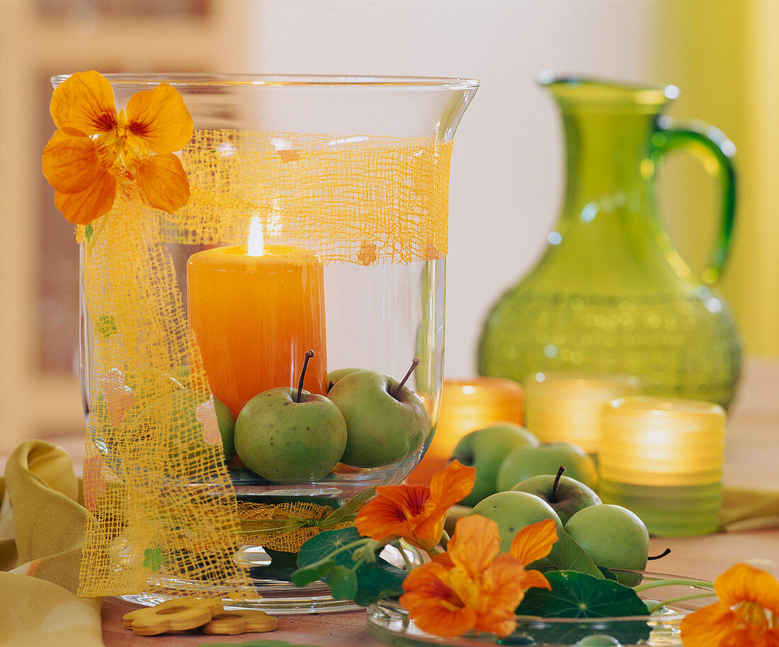 Tropaeolum (nasturtium), Malus (apples) as lantern decoration